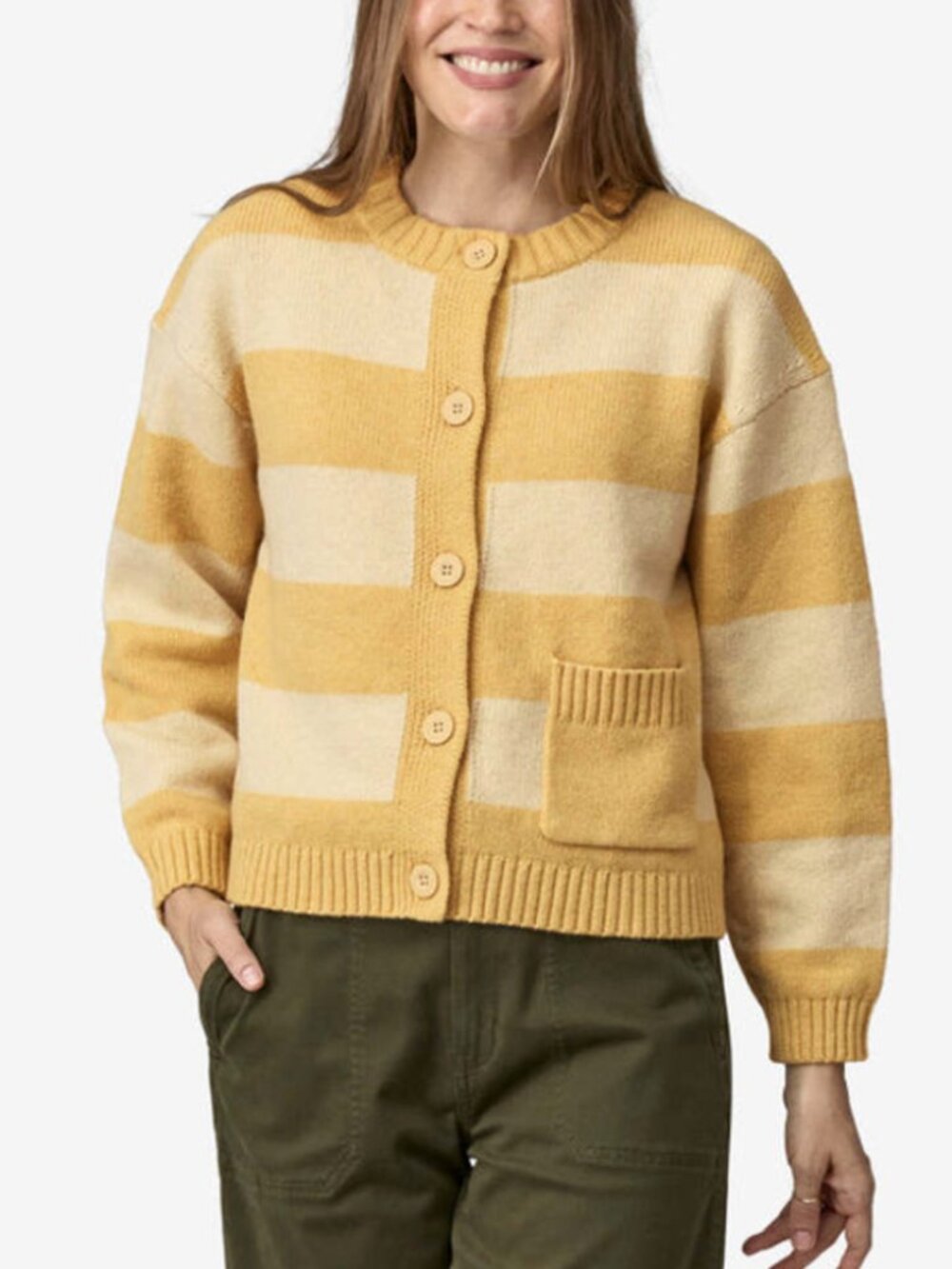 NWT Patagonia Recycled Wool Striped Button Yellow Cream Cardigan Size Medium